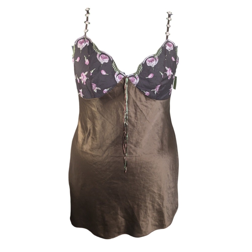 Y2K Fairy Babydoll Cami Sheer Cups Brown Satin Floral Embroidery Slip L-2X